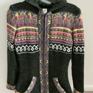 Alpaca Wool Hooded Cardigan – Llama Pattern, Full Zip